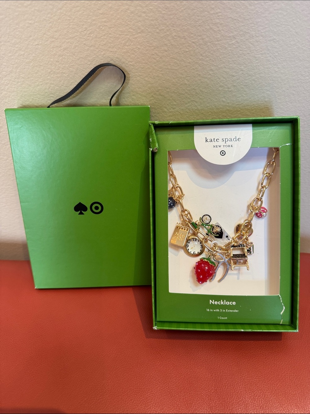 New in Box! Kate Spade for Target Charm Necklace Gold-Tone, Strawberry, Bow, etc